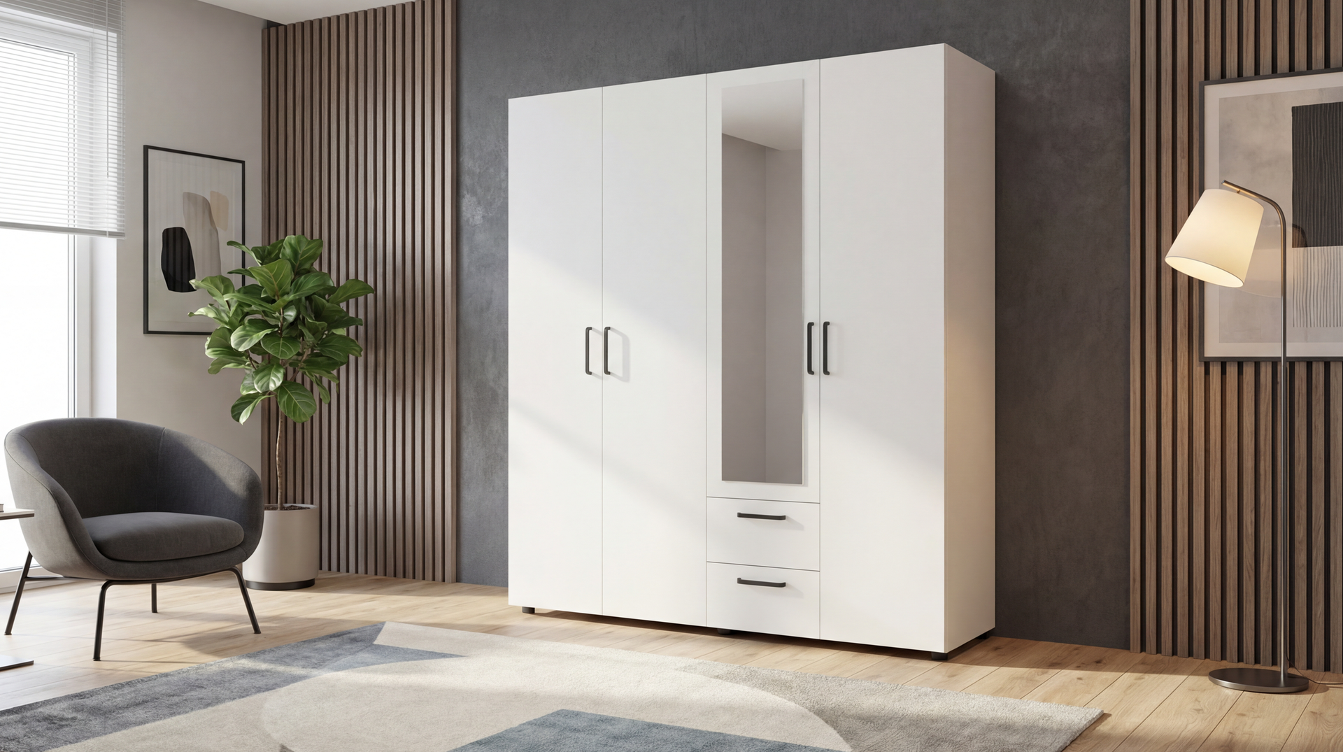Wardrobe with clothes rod and shelves Bruno L 2, white  1